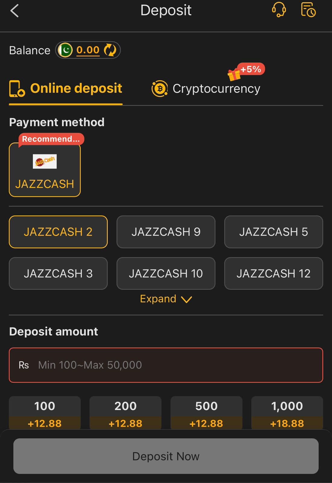 188PKR Deposit screen: JazzCash payment method with numbered backup channels, Rs 100 minimum to Rs 50,000 maximum, and a +5% cryptocurrency bonus tab