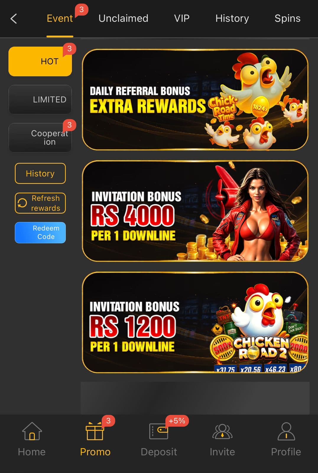 188PKR Promo Event tab: Daily Referral Bonus, an Rs 4,000 per-downline invitation bonus, and an Rs 1,200 per-downline invitation bonus