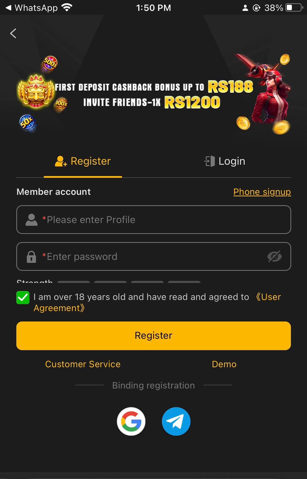 188PKR registration screen: First Deposit Cashback Bonus up to Rs 188 and Invite Friends 1x Rs 1,200 banner above the Register form