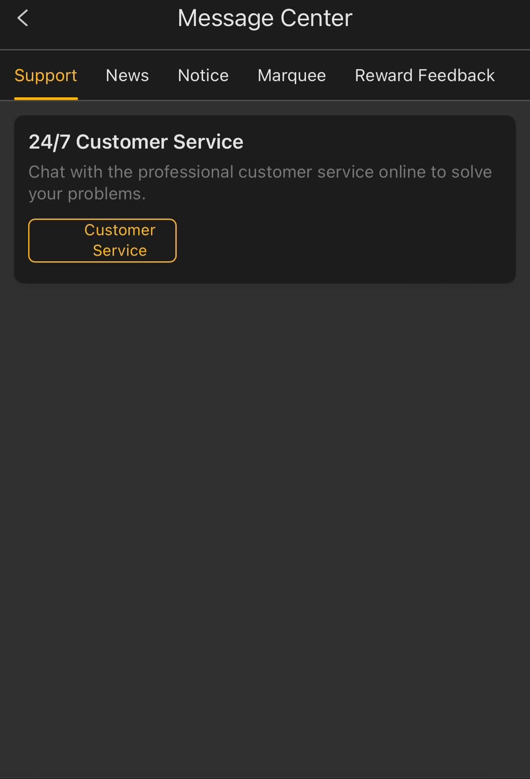 188PKR's Message Center listing 24/7 customer service, with News, Notice, Marquee, and Reward Feedback tabs