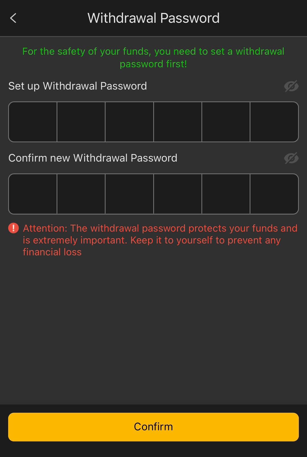188PKR's Withdrawal Password setup screen, required before the first payout, with a warning to keep it private to prevent financial loss