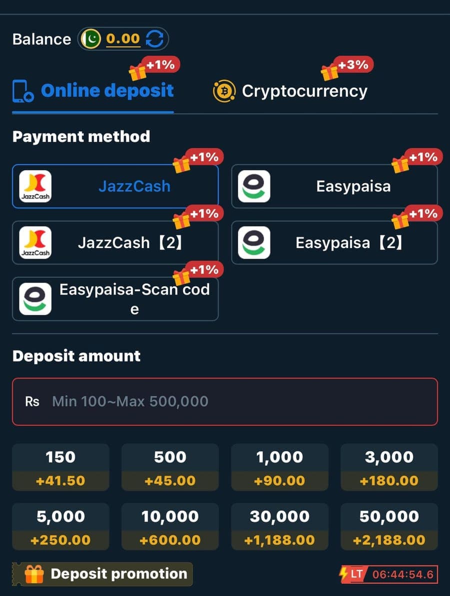 88D Game Deposit screen: JazzCash, JazzCash 2, Easypaisa, Easypaisa 2, and Easypaisa Scan Code payment methods, each tagged +1%, with Rs 100 to Rs 500,000 deposit limits