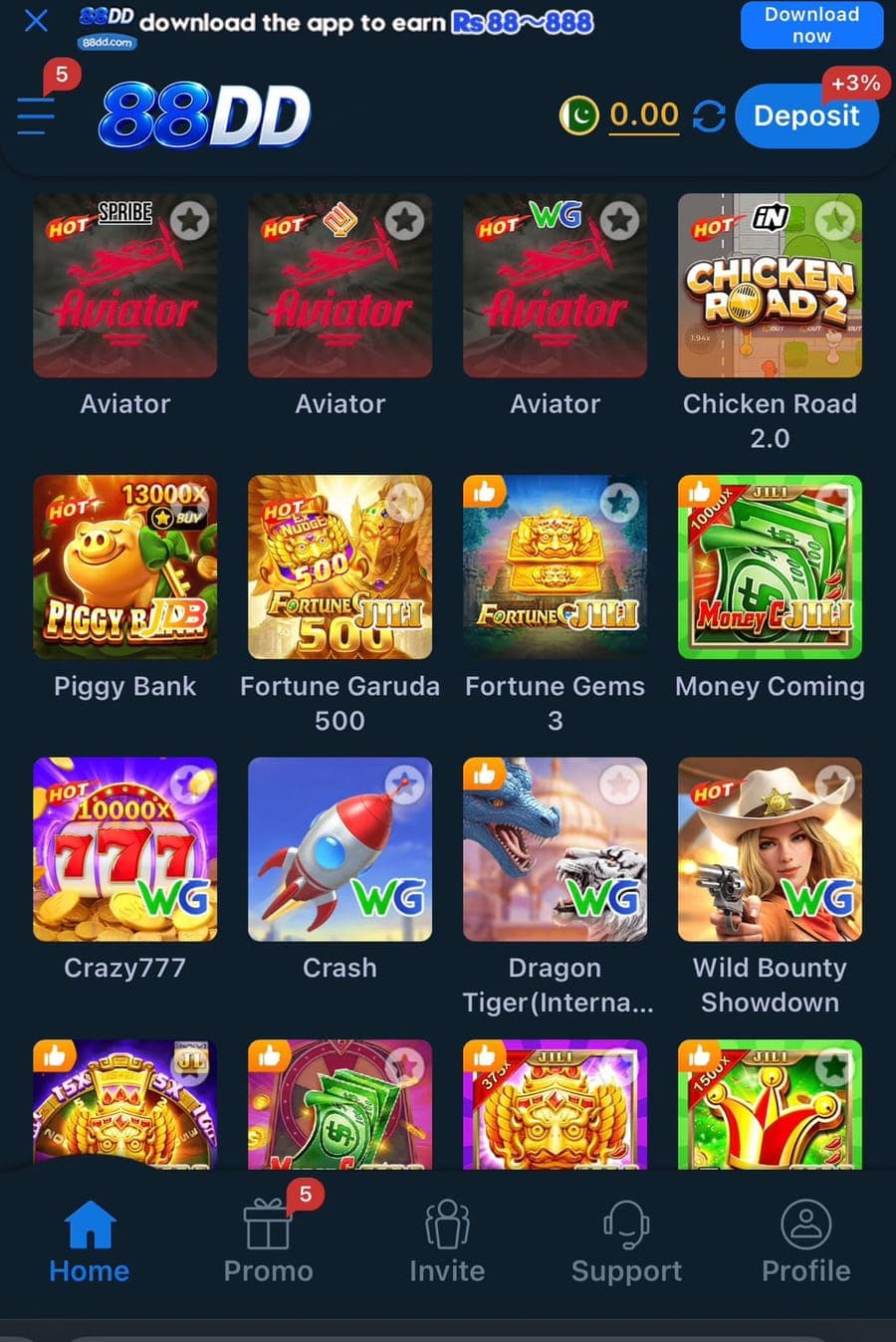 88D Game home screen Hot row: three separate Aviator titles, Chicken Road 2.0, Piggy Bank, Fortune Garuda 500, Fortune Gems 3, Money Coming, Crazy777, Crash, Dragon Tiger, and Wild Bounty Showdown
