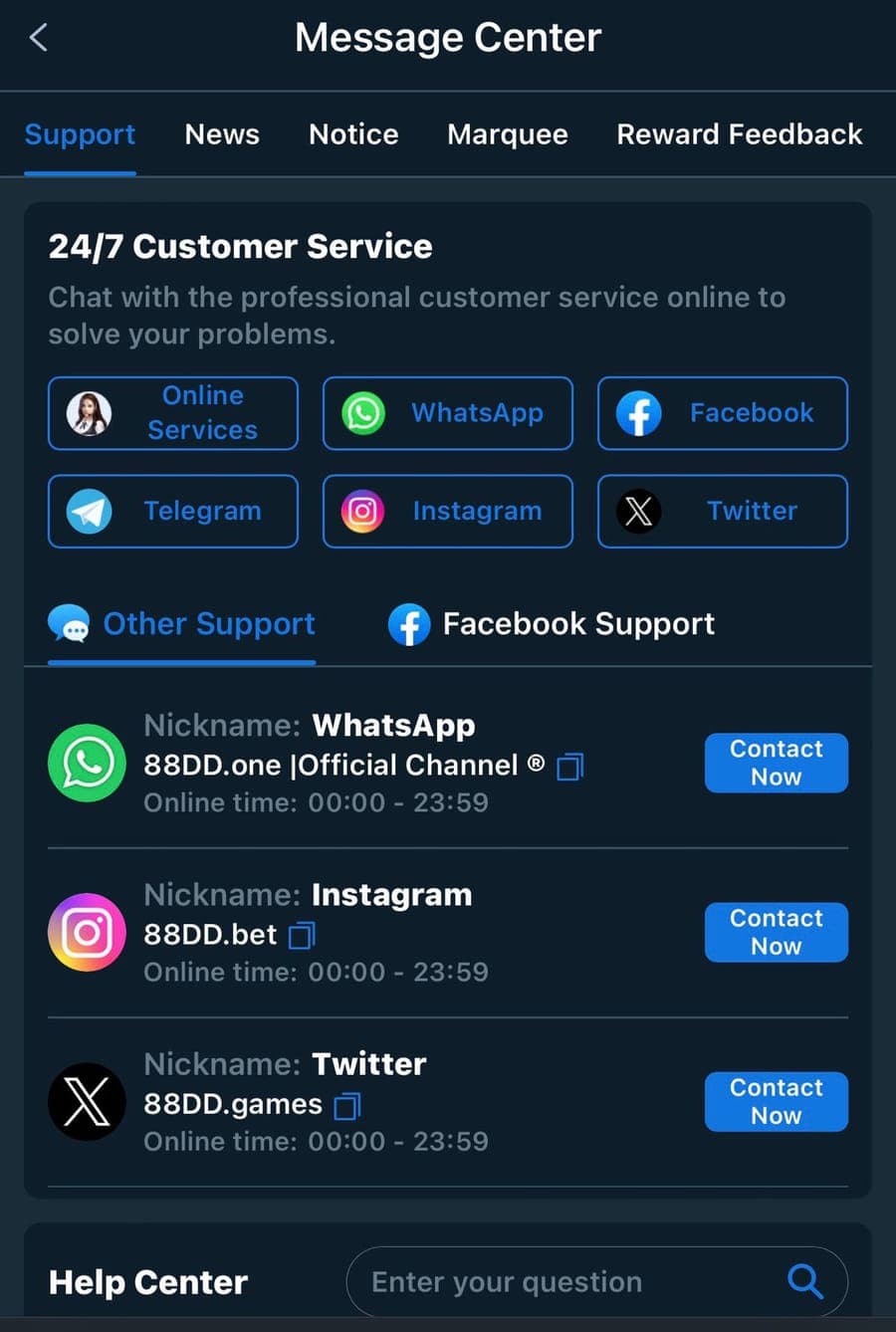 88D Game Message Center: 24/7 Customer Service across Online Services, WhatsApp, Facebook, Telegram, Instagram, and Twitter, with named handles for each channel