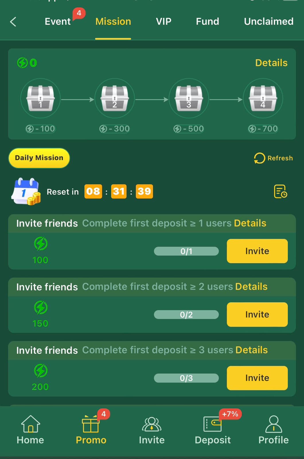 HZ333 Mission tab: four Energy-powered treasure chests at 100/300/500/700 Energy, and daily invite-friends missions rewarding Energy for verified first deposits