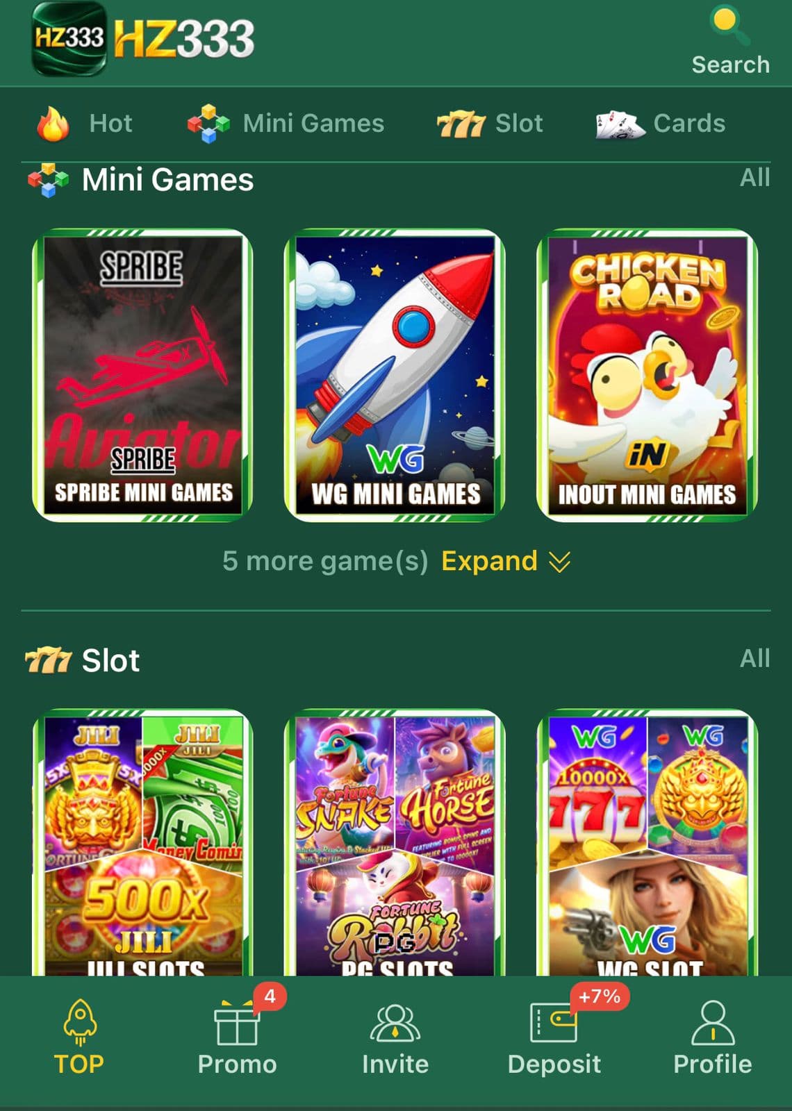 HZ333 Deposit screen: JazzCash and Easypaisa payment methods both showing a 7% bonus tag, and Rs 300 minimum to Rs 100,000 maximum deposit range