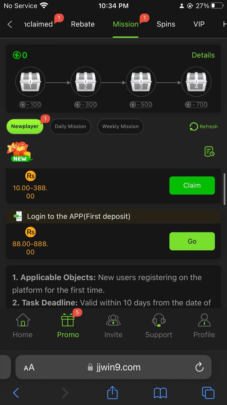 JJwin Mission tab: a 4-step daily mission chain and a first-deposit bonus of Rs 88 to Rs 888 for new players