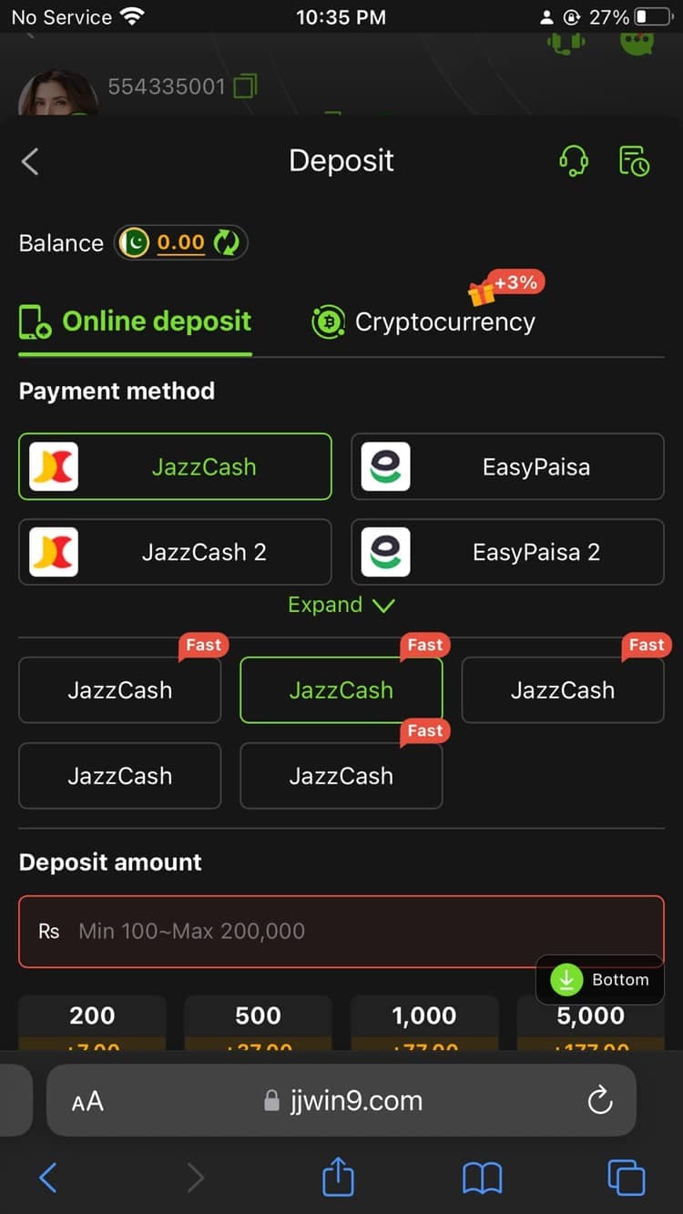 JJwin's deposit screen: JazzCash and Easypaisa channels with bonus tiers on 200/500/1,000/5,000 deposits