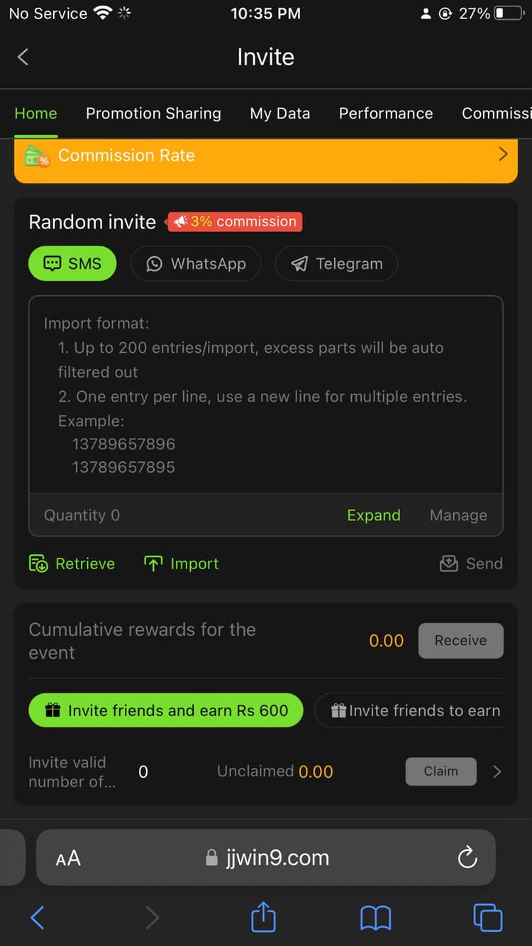 JJwin Invite screen: 3% referral commission, SMS/WhatsApp/Telegram sharing, and a Rs 600 invite bonus