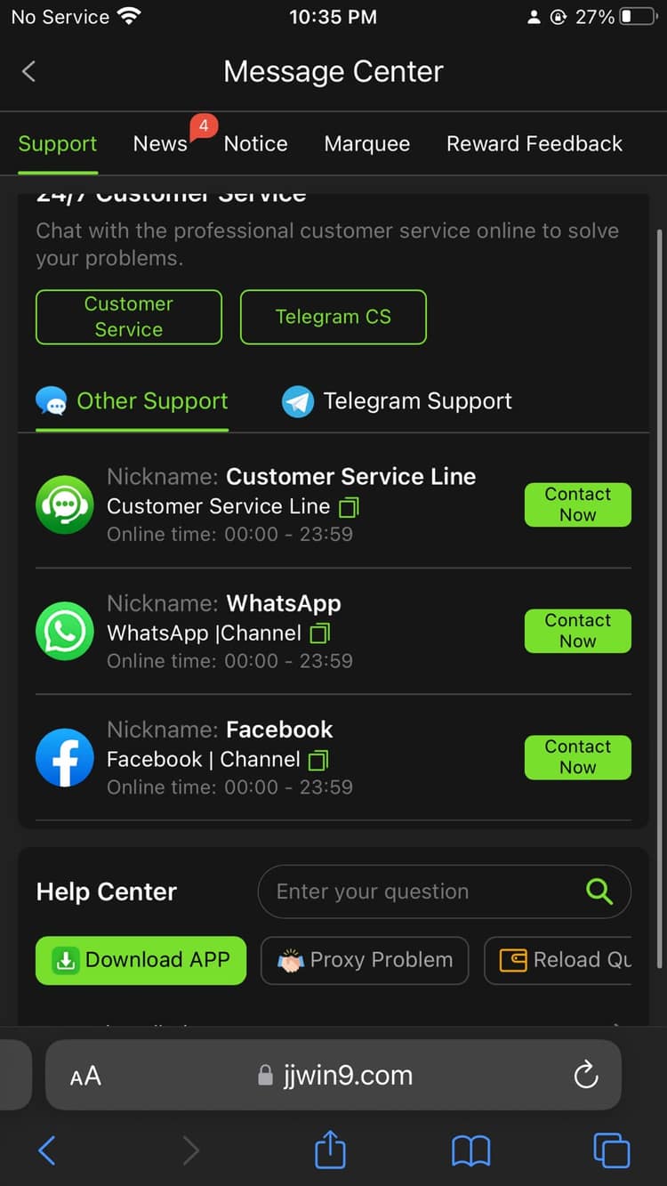 JJwin's Message Center listing 24/7 customer service via live chat, Telegram, WhatsApp, and Facebook