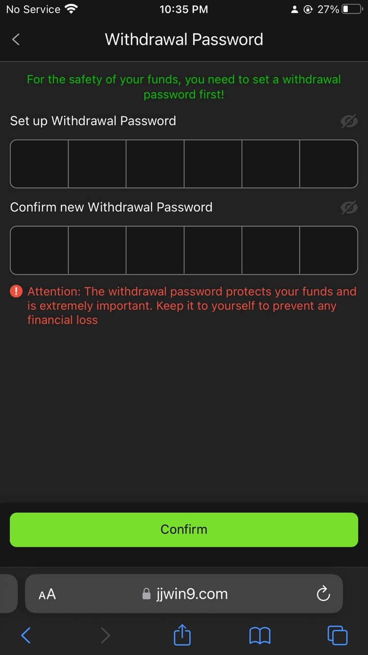 JJwin's Withdrawal Password setup screen, required before your first payout