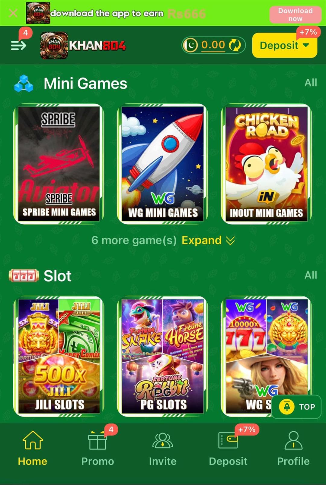 Khan804 home screen Mini Games tab: Spribe Aviator, WG rocket crash, and Inout Chicken Road tiles above a JILI and PG Slots row, with a top banner offering Rs 666 for downloading the app