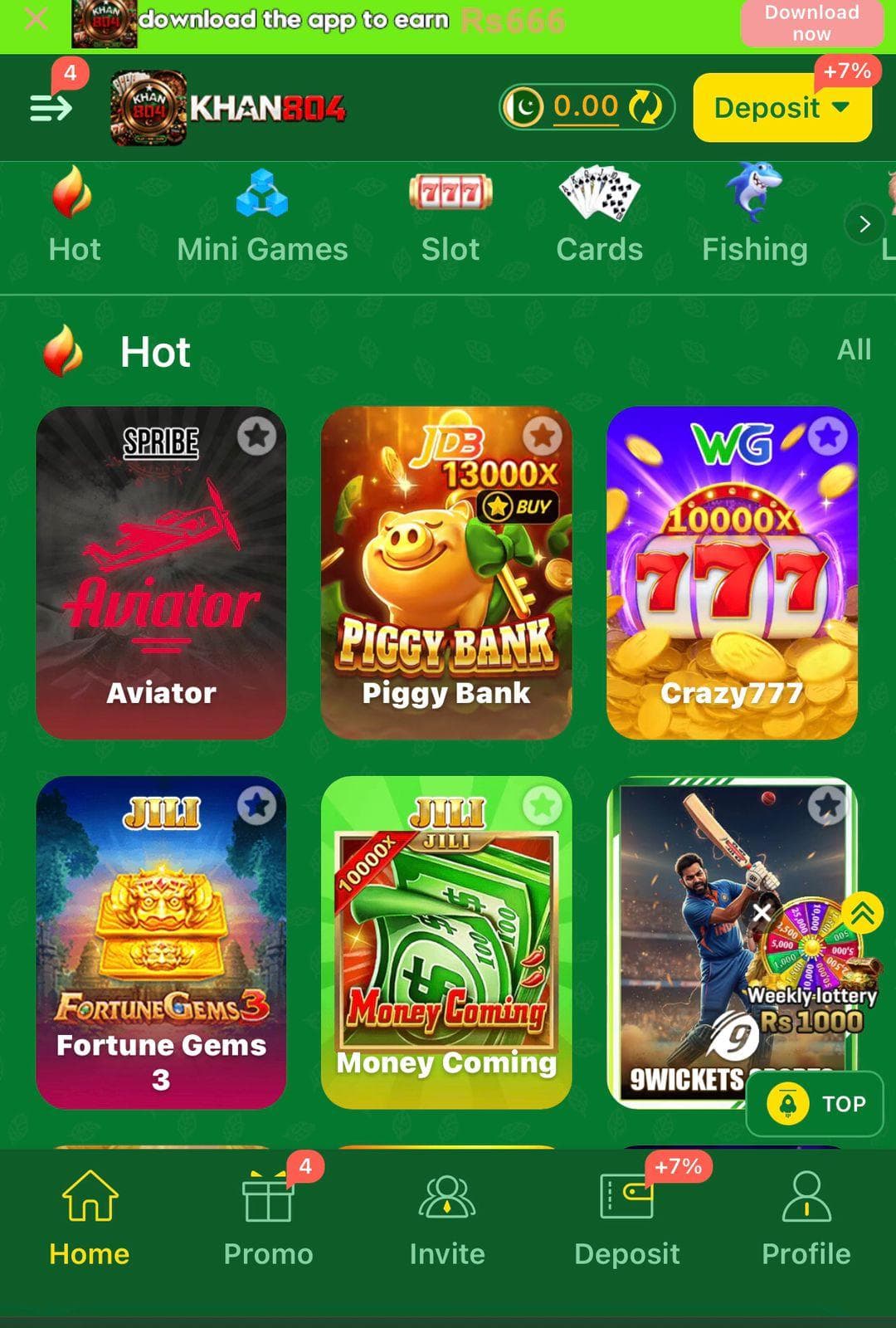 Khan804 Hot tab grid: Aviator, Piggy Bank up to 13000x, Crazy777 up to 10000x, Fortune Gems 3, Money Coming, and 9Wickets with a weekly lottery wheel overlay