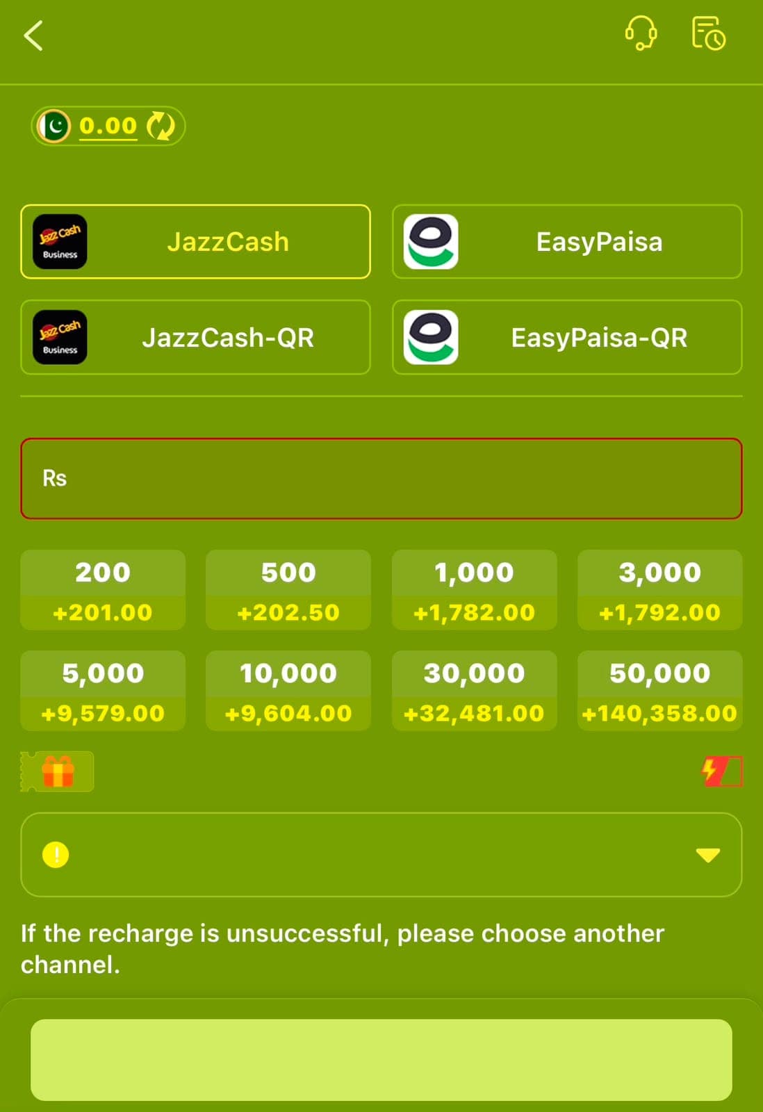 MF777 Deposit screen showing JazzCash, EasyPaisa, JazzCash-QR, and EasyPaisa-QR payment channels with preset amounts from Rs 200 to Rs 50,000 and paired bonus figures