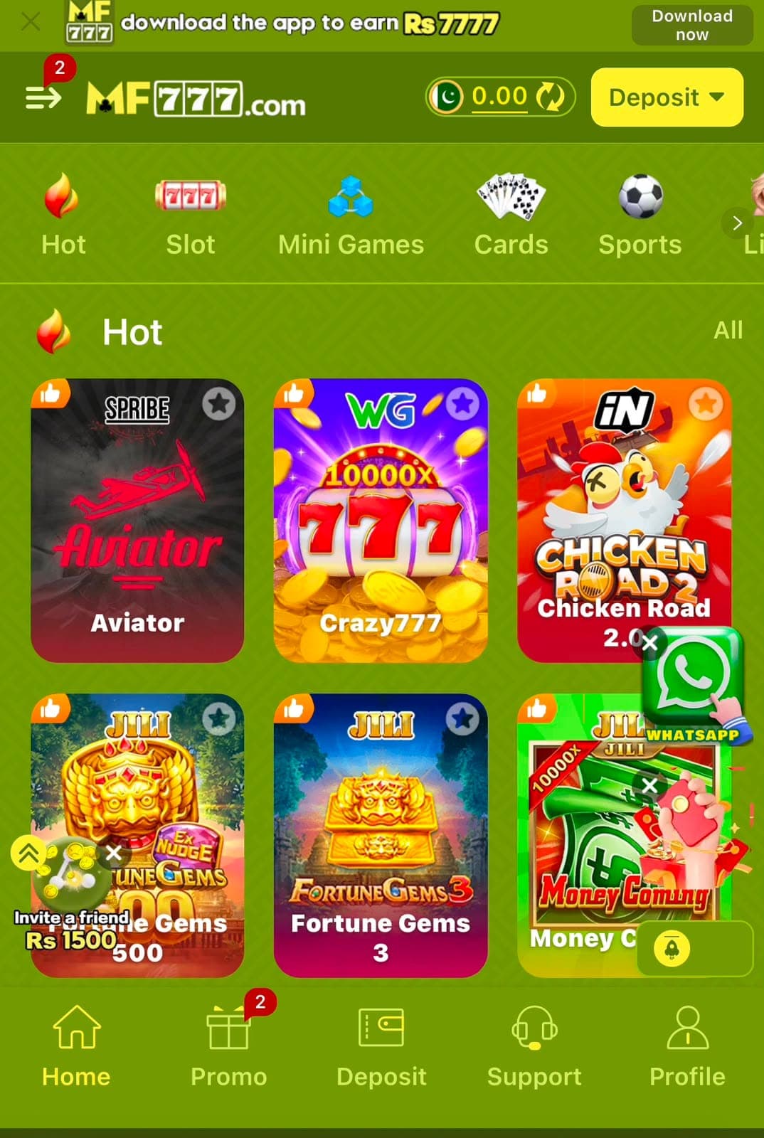 MF777 Hot tab home screen showing Aviator, Crazy777, Chicken Road 2.0, Fortune Gems 500, Fortune Gems 3, and Money Coming above the Home, Promo, Deposit, Support, and Profile bottom navigation