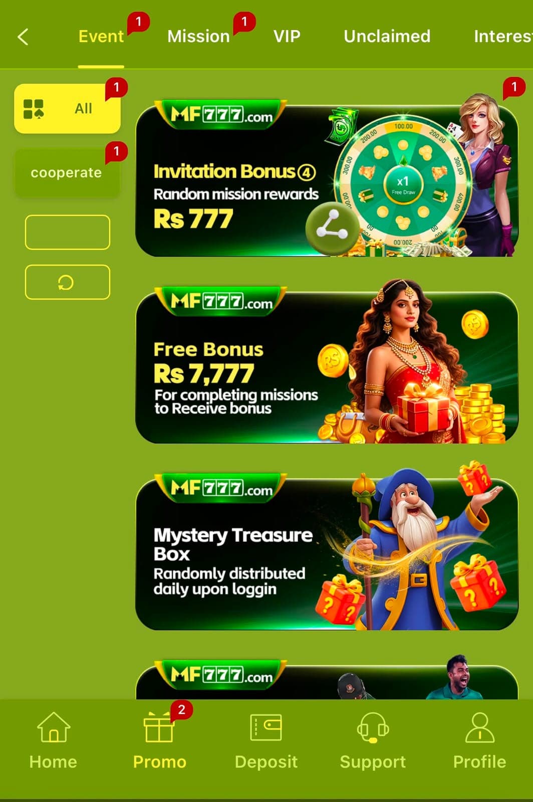 MF777 Promo Event tab showing an Invitation Bonus spin wheel worth Rs 777, a Free Bonus of Rs 7,777 for completing missions, and a daily Mystery Treasure Box