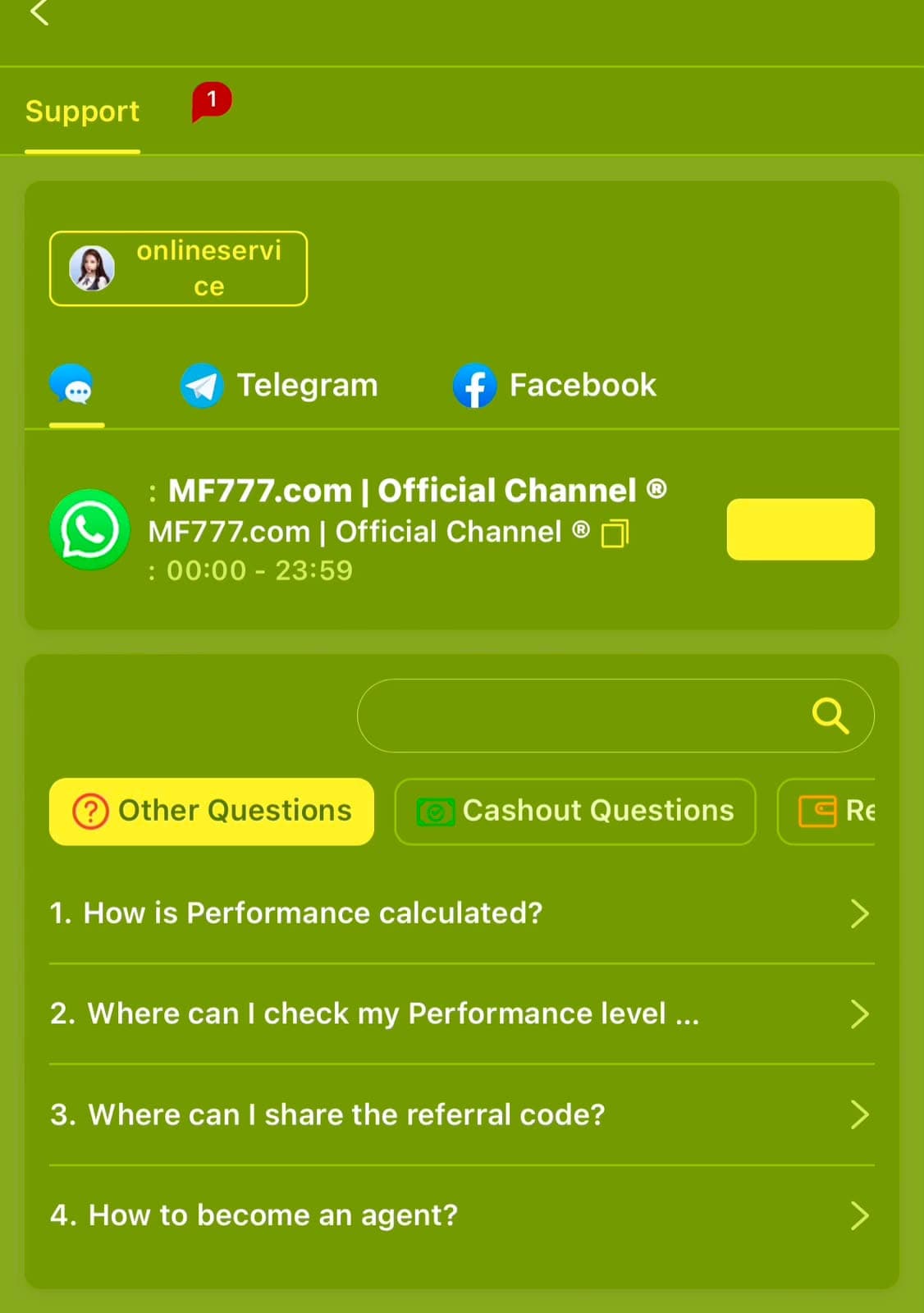 MF777 Support tab showing WhatsApp, Telegram, and Facebook channels alongside an FAQ list covering Performance calculation, referral code sharing, and becoming an agent
